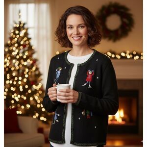 Appleseeds Christmas Cardigan Ice Skater Embroidered Black Womens M
